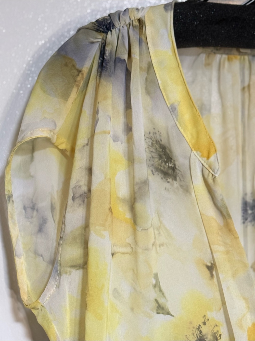Floral Sheer Flowy Blouse | V-Neck | Yellow Watercolor Summer Top | Medium - Picture 7 of 14